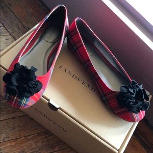 Lands’ End Floral Ballet Flat Red Check Plaid